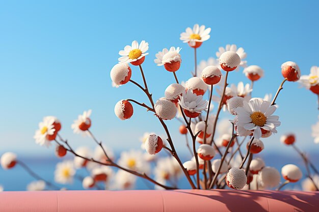 Luftaufnahme einer Reihe weißer Kamillen-Gänseblümchen vor pastellblauem Himmel