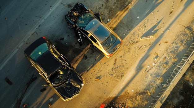 Luftaufnahme einer schweren Kollision zweier Autos auf der Straße