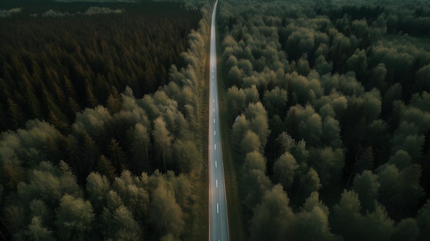 Luftaufnahme einer Straße durch den grünen Wald