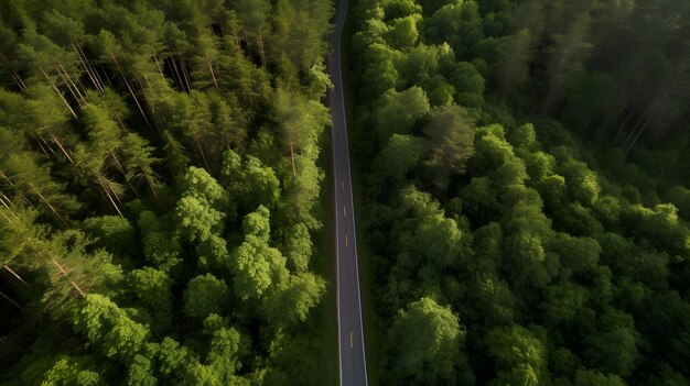 Luftaufnahme einer Straße durch den Wald.