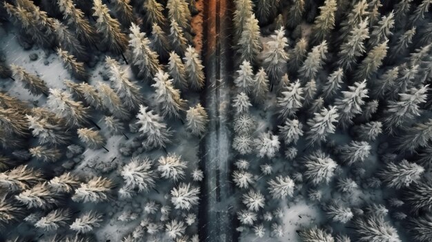 Foto luftaufnahme einer straße im wald, digital gemalt im winter.