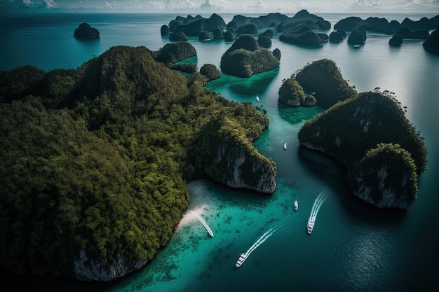 Luftaufnahme einer thailändischen Landschaft mit Inseln in der Ferne und Booten mit Touristen