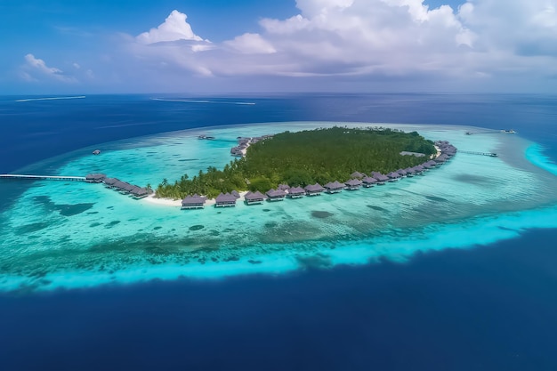 Luftaufnahme einer tropischen Insel auf den Malediven Luxuriöse Villen über dem Wasser im tropischen Resort AI