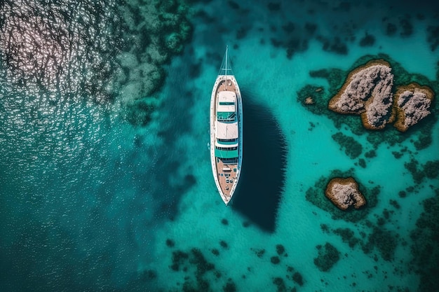 Luftaufnahme einer Yacht auf einem klaren blauen Ozean Foto aufgenommen von einer Drohne