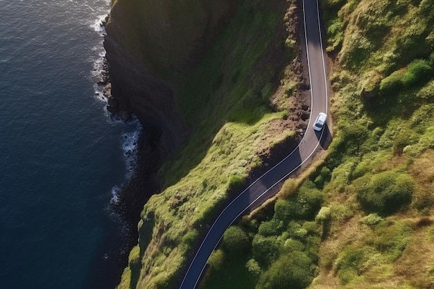 Luftaufnahme eines Autos auf einer Straße in der Nähe der Klippe auf der portugiesischen Insel Canical Madeira