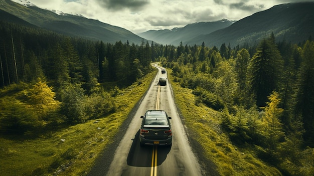 Foto luftaufnahme eines autos, das im wald fährt