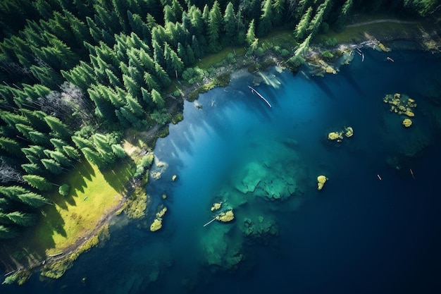 Luftaufnahme eines Bergsees mit Bäumen und Felsen im Wasser.