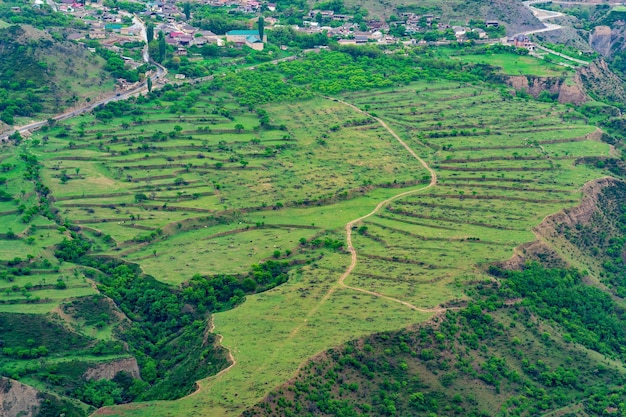 Luftaufnahme eines Bergtals mit Gärten und Weiden neben einem Dorf