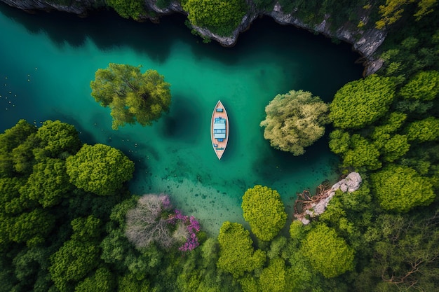 Luftaufnahme eines Bootes, das in einer Bucht mit üppiger Vegetation geparkt ist