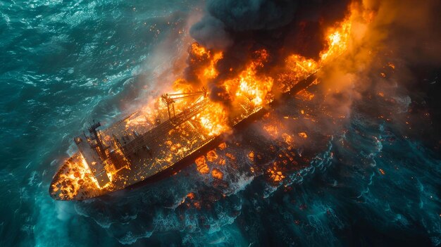 Luftaufnahme eines brennenden Tankerschiffs mitten im Meer