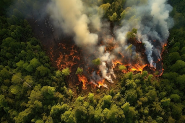 Luftaufnahme eines Feuers, das den üppigen grünen Wald teilt