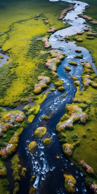 Foto luftaufnahme eines flusses, der von gras und blumen umgeben ist