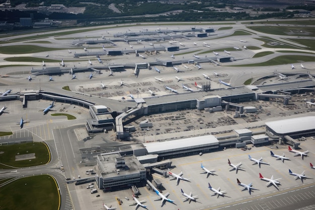 Luftaufnahme eines geschäftigen Flughafens mit landenden und startenden Flugzeugen, die mit generativer KI erstellt wurden