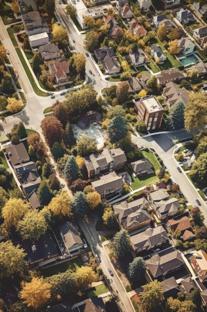 Luftaufnahme eines gut geplanten Wohngebiets, das mit generativer KI erstellt wurde