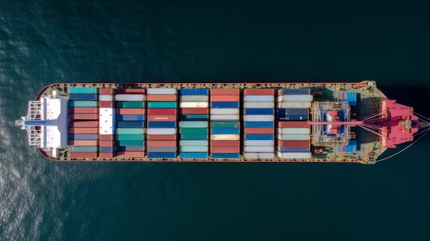 Luftaufnahme eines kleinen Feeder-Container-Frachtschiffs vor Anker. Generative KI