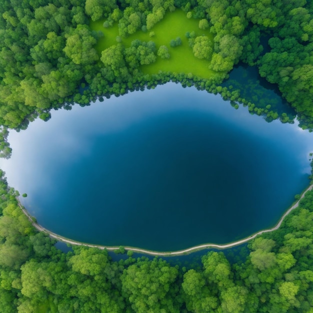 Luftaufnahme eines kleinen Sees, der von grünem Wald umgeben ist Naturlandschaft