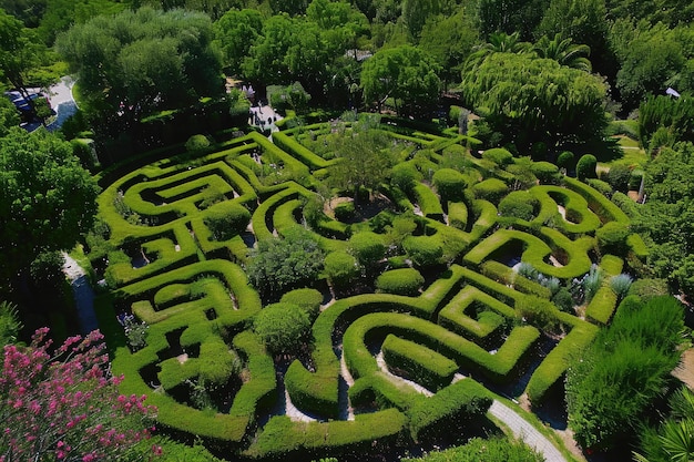 Luftaufnahme eines Labyrinths in einem Garten. Ein faszinierender Weg durch Grün und Intrigen. Eine Vogelperspektive eines labyrinthartigen Heckengartens. KI-generiert