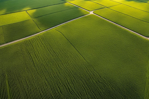 Luftaufnahme eines landwirtschaftlichen Gebiets mit grünen Feldern an einem sonnigen Sommertag Luftfoto Top-View-Drohne der Schönheit der Erde Landwirtschaftliches Tapetenkonzept Kopie der Anzeigentextfläche Generative Ai-Illustration