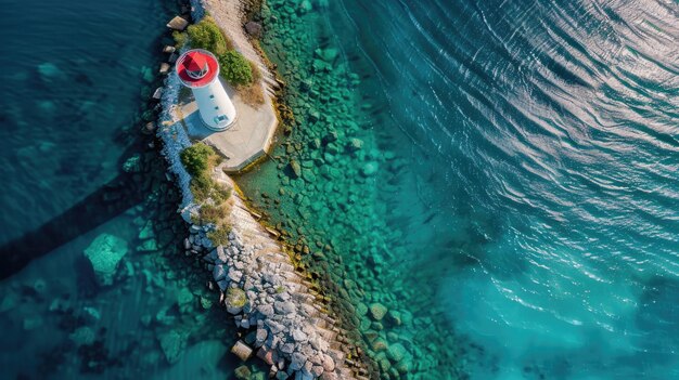 Luftaufnahme eines Leuchtturms an einer felsigen Küste mit wirbelndem Meer