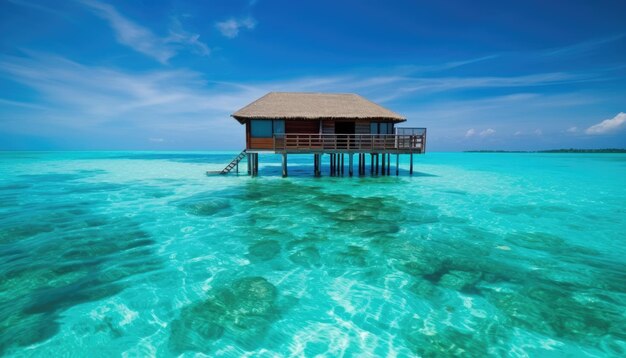 Luftaufnahme eines Leuchtturms eines Luxusresorts mit Bungalows auf einer kleinen Insel bei Sonnenuntergang Lakkadivenmeer Indischer Ozean Malediven-Archipel