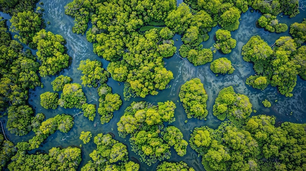 Foto luftaufnahme eines mangrovenwaldlabyrinths mit serpentinalen wasserstraßen