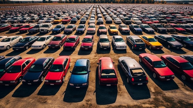 Luftaufnahme eines Neuwagens, der in einer Reihe in einem Vertriebszentrum geparkt ist. Reihen von Neuwagen, die in einer Reihe geparkt sind