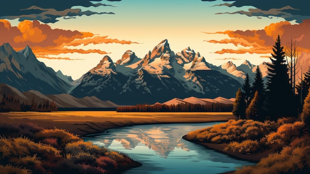Luftaufnahme eines Plakatdesigns im Vintage-Stil, das eine Landschaft mit majestätischen Bergen und einem gewundenen Fluss zeigt. Die Illustration zeigt komplizierte Details in dunklen Türkis- und hellen Bernsteintönen. Die