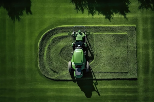 Luftaufnahme eines Rasenmähers von oben auf perfekt geschnittenem grünem Gras im Garten. Generative KI