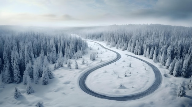 Luftaufnahme eines schneebedeckten Waldes mit einer gewundenen Straße