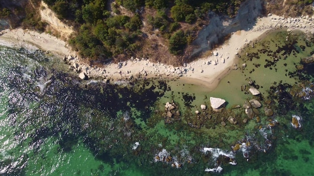 Luftaufnahme eines schönen Strandes mit Wald und Felsen