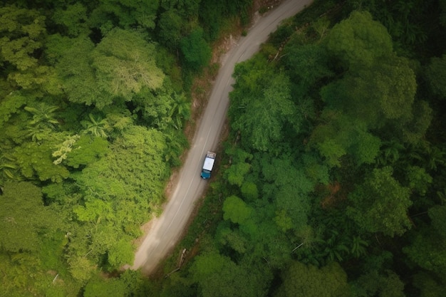 Luftaufnahme eines schweren Lastwagens auf einer schmalen, kurvenreichen Straße im Dschungel