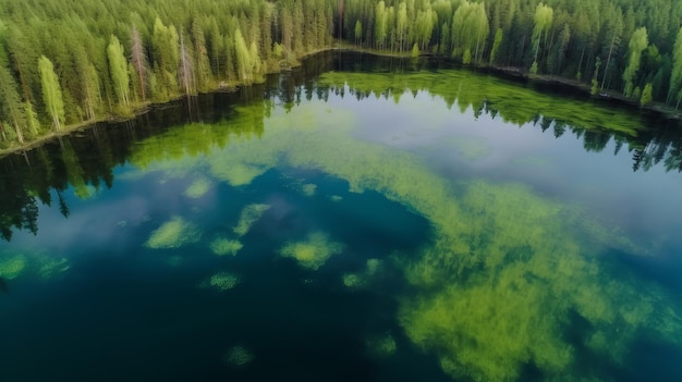 Luftaufnahme eines Sees mit blauem Wasser und grüner Sommerwälder in Finnland. Kreativressource AI Generated