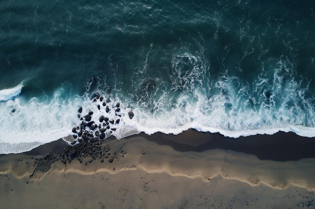 Foto luftaufnahme eines strandes mit einem gewässer und felsen generativ ai