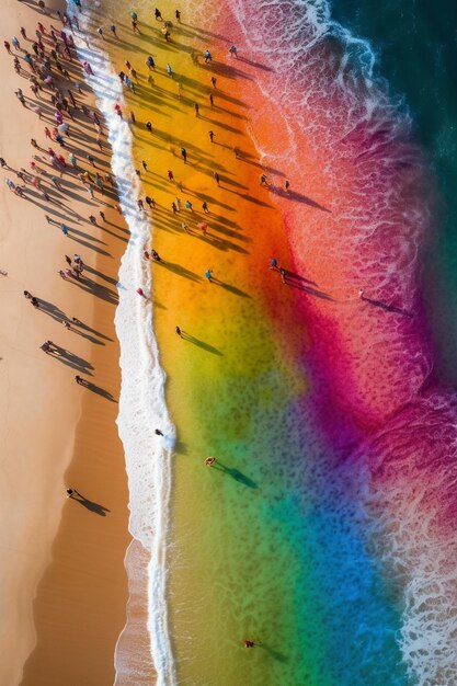 Foto luftaufnahme eines strandes mit einem regenbogen am himmel