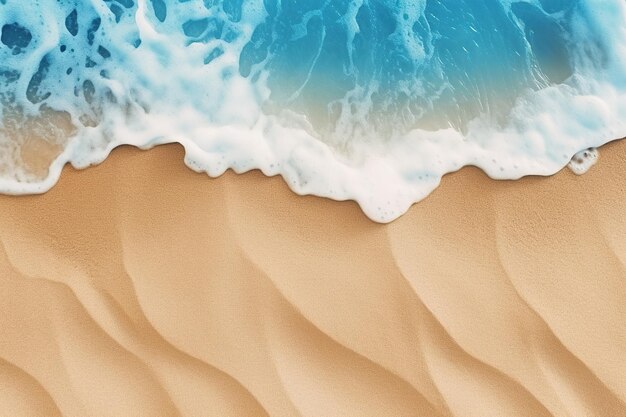 Luftaufnahme eines Strandes mit einer schaumigen Welle, die goldenen Sand spült Urlaubshintergrund Ruhe und Entspannung am Meer Friedlicher Urlaub Entspannung in der Natur Meditation Generative KI
