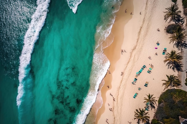 Luftaufnahme eines Strandes mit Palmen und einem blauen Ozean