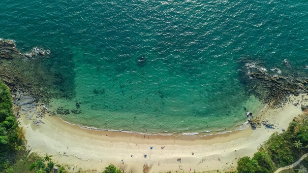 Foto luftaufnahme eines tropischen strandes von meeressand und palmen