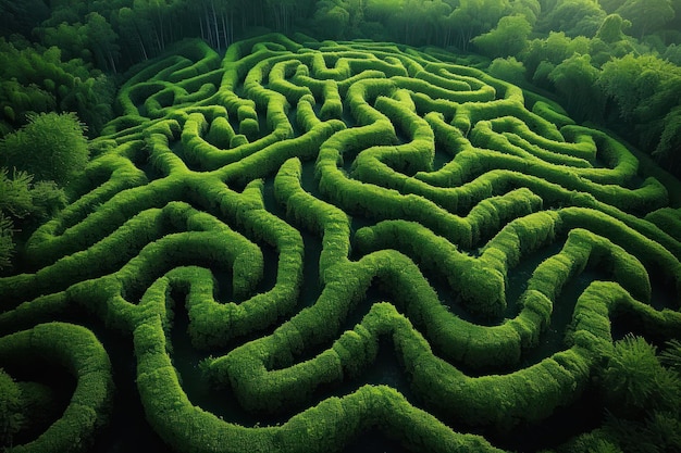 Foto luftaufnahme eines üppig grünen labyrinthgartens, der problemlösung oder abenteuer für spiele symbolisiert