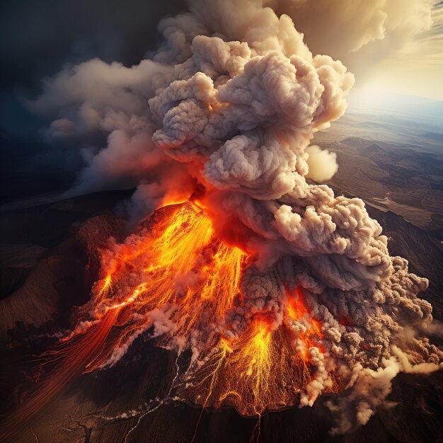 Foto luftaufnahme eines vulkanausbruchs