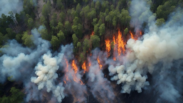 Luftaufnahme eines Waldbrandes mit Bäumen im Hintergrund