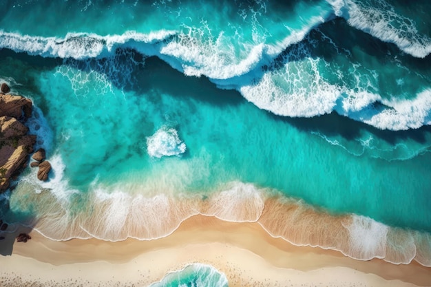 Luftaufnahme eines wunderschönen Strandes mit blauen Meereswellen und weißem Sand