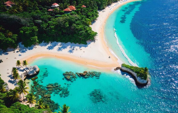 Luftaufnahme eines wunderschönen tropischen Strandes mit Kokospalmen, blauer Lagune und weißem Sand