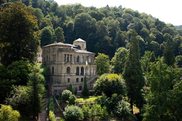 Luftaufnahme Landschaft und Stadtbild der Heidelberger Altstadt oder Altstadt vom Heidelberger Schloss oder Heidelberger Schloss für Menschen, die nach Heidelberg in Baden-Württemberg reisen und besuchen