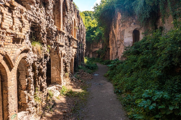 Luftaufnahme über historische Burgruine und Kriegsfestung