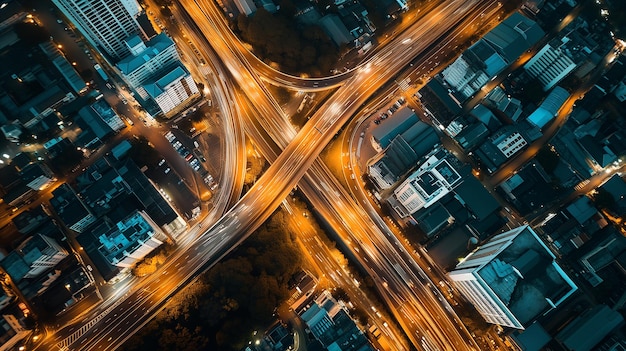 Foto luftaufnahme von autobahn und überführung in der nachtstadt der stadt moderne baugestaltung von verkehrswegen zur vermeidung von staus generative ki