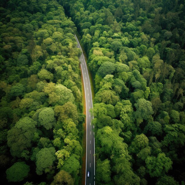 Luftaufnahme von einer Drohne über einen grünen, gesunden Wald mit gerader Straße Generative Ai