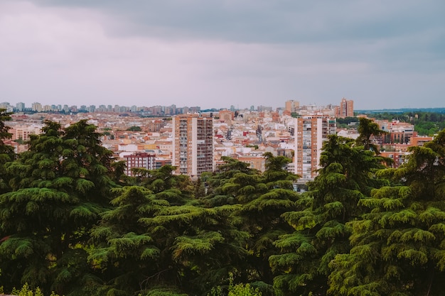 Luftaufnahme von Gebäuden in der Stadt mit grünen Bäumen in Madrid, Spanien.