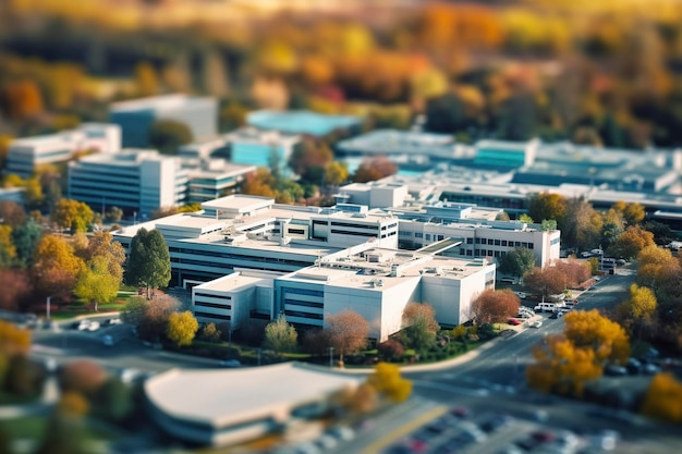 Luftaufnahme von Gebäuden und Straßen im Silicon Valley im Tilshift-Stil. Ai-generiert