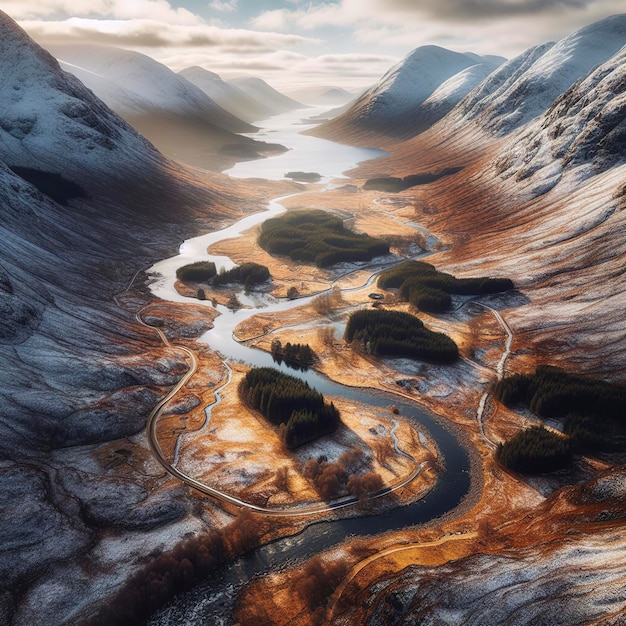 Luftaufnahme von Glen Etive im Winter in der Nähe von Glencoe in der Region Argyll in den Highlands von Schottland