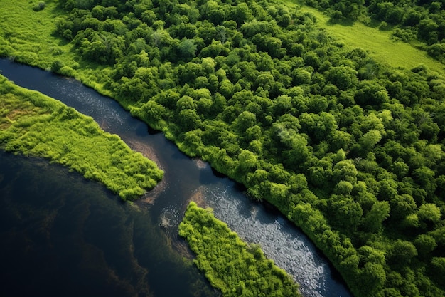 Luftaufnahme von grünen Wäldern und Fluss-Sumpflandschaften im Sommer Top-Aufnahme der europäischen Natur von hig